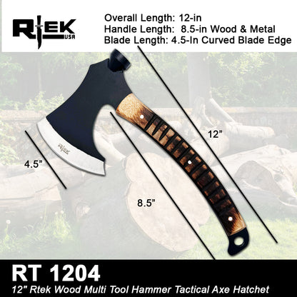 RT 1204 12" Rtek Wood Multi Tool Hammer Tactical Axe Hatchet with Leather Sheath