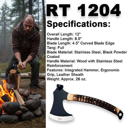 RT 1204 12" Rtek Wood Multi Tool Hammer Tactical Axe Hatchet with Leather Sheath