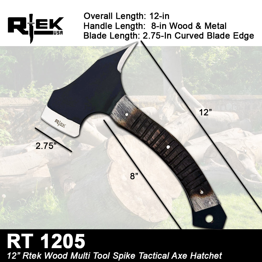 RT 1205 12" Rtek Wood Multi Tool Spike Tactical Axe Hatchet with Leather Sheath
