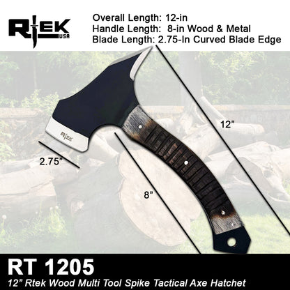 RT 1205 12" Rtek Wood Multi Tool Spike Tactical Axe Hatchet with Leather Sheath