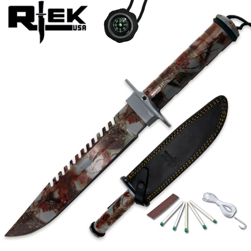 Rtek RT 2006-GRC 14-inch survival knife with saw-back blade, included kit, compass, and leather sheath for outdoor survival.