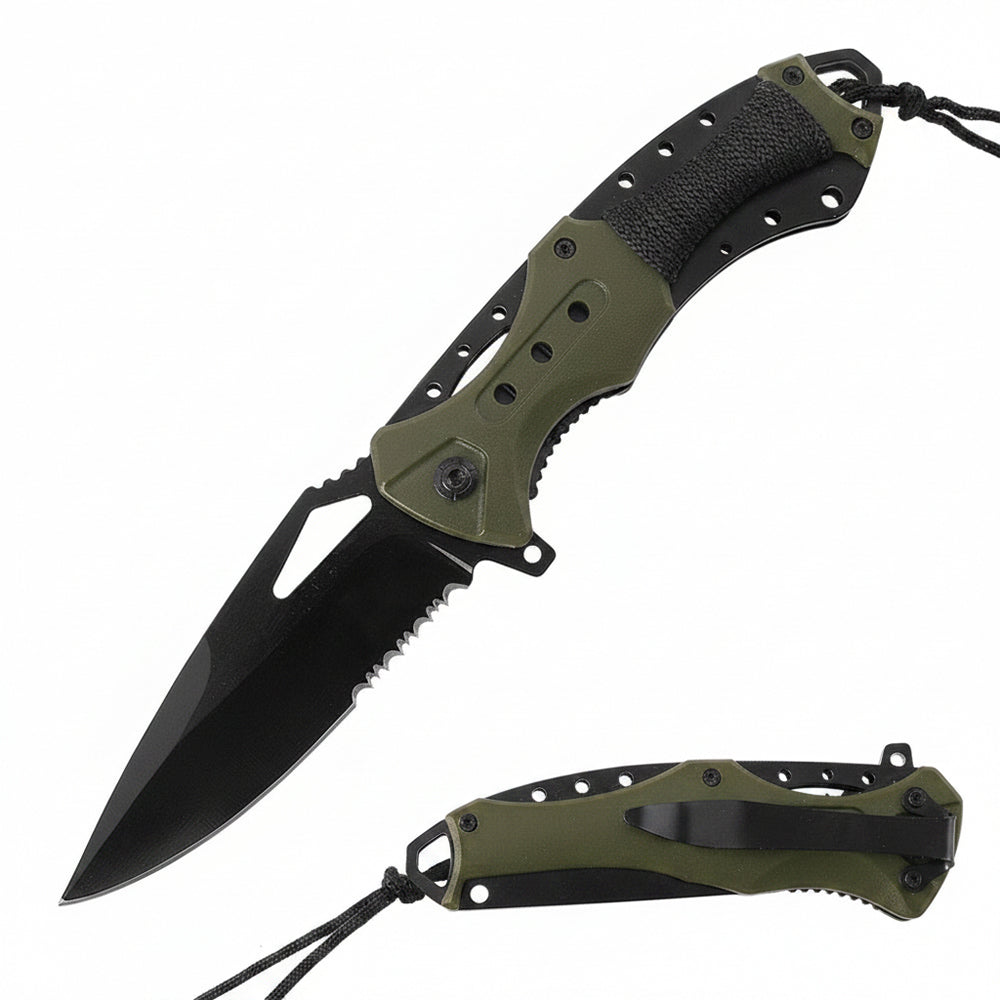 Rex Distributor RT 7022-GN green folding tactical knife with serrated blade, assist-open mechanism, ABS handle, and paracord.