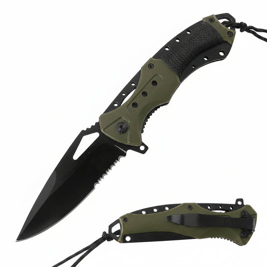 Rex Distributor RT 7022-GN green folding tactical knife with serrated blade, assist-open mechanism, ABS handle, and paracord.