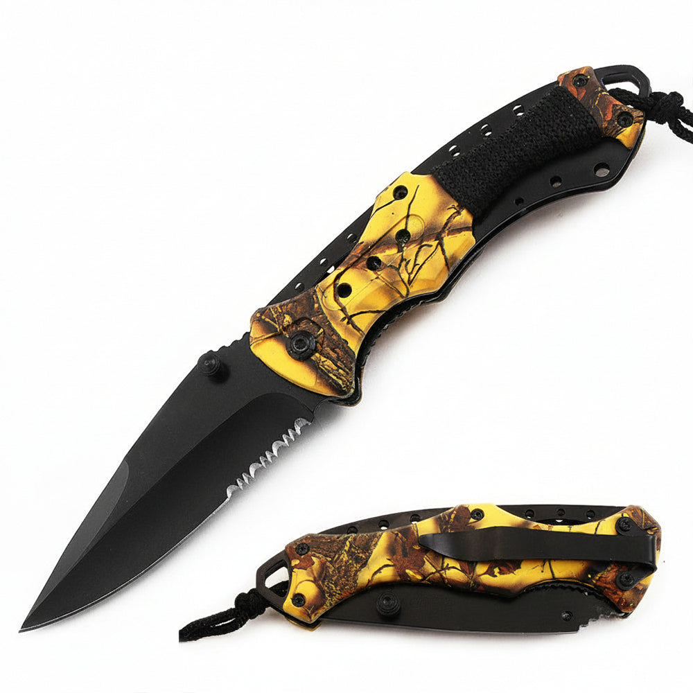 Yellow camo Rex Distributor RT 7022-YC 4.5-inch serrated tactical folding knife with assist-open mechanism and paracord handle.