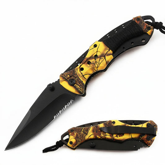 Yellow camo Rex Distributor RT 7022-YC 4.5-inch serrated tactical folding knife with assist-open mechanism and paracord handle.