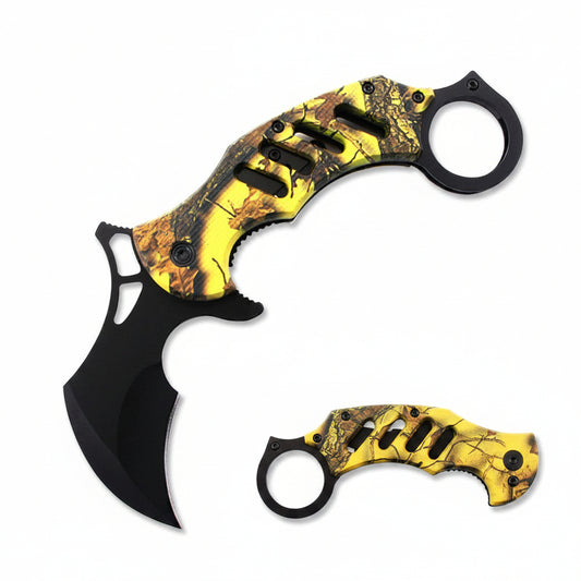Yellow woodland camo Rex Distributor, Inc. RT 7377-YL 4.5-inch spring assisted tactical Karambit folding knife with belt clip.