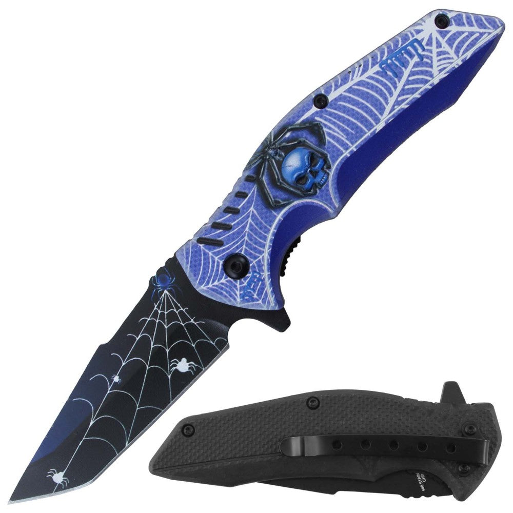 RT 7379-BL 4.5" Blue 3D Spider Print Assist-Open Folding Knife with Belt Clip