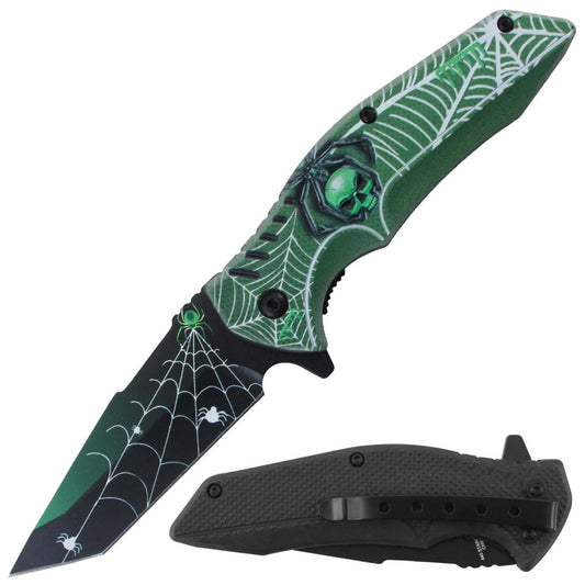 Rex Distributor RT 7379-GN green 4.5-inch 3D spider print spring-assisted tactical folding knife with belt clip on a white background.