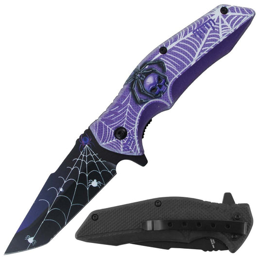 Rex Distributor 4.5-inch purple 3D spider print spring assisted tactical folding knife with belt clip
