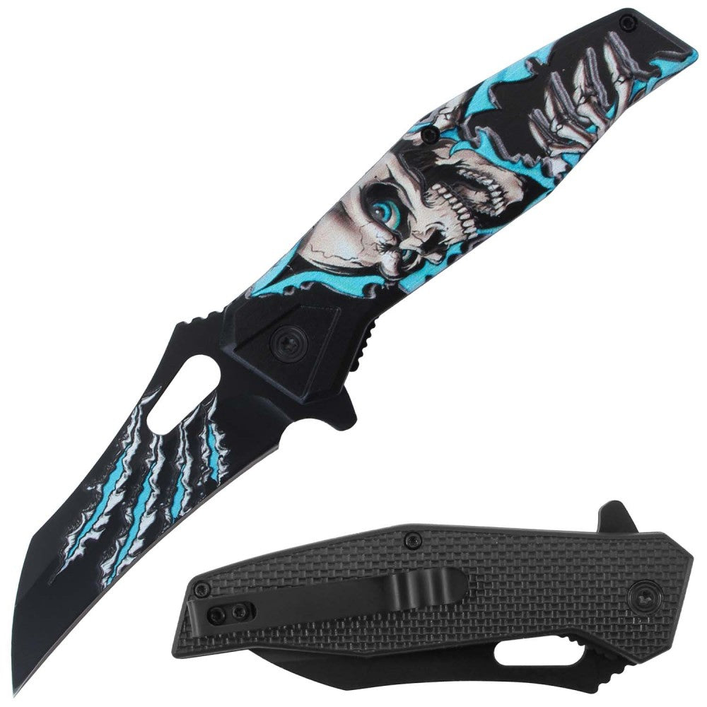 RT 7380-BL 4.5" Blue Assist-Open 3D Print Skull Folding Knife with Belt Clip