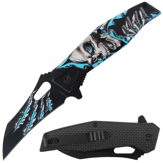 RT 7380-BL 4.5" Blue Assist-Open 3D Print Skull Folding Knife with Belt Clip
