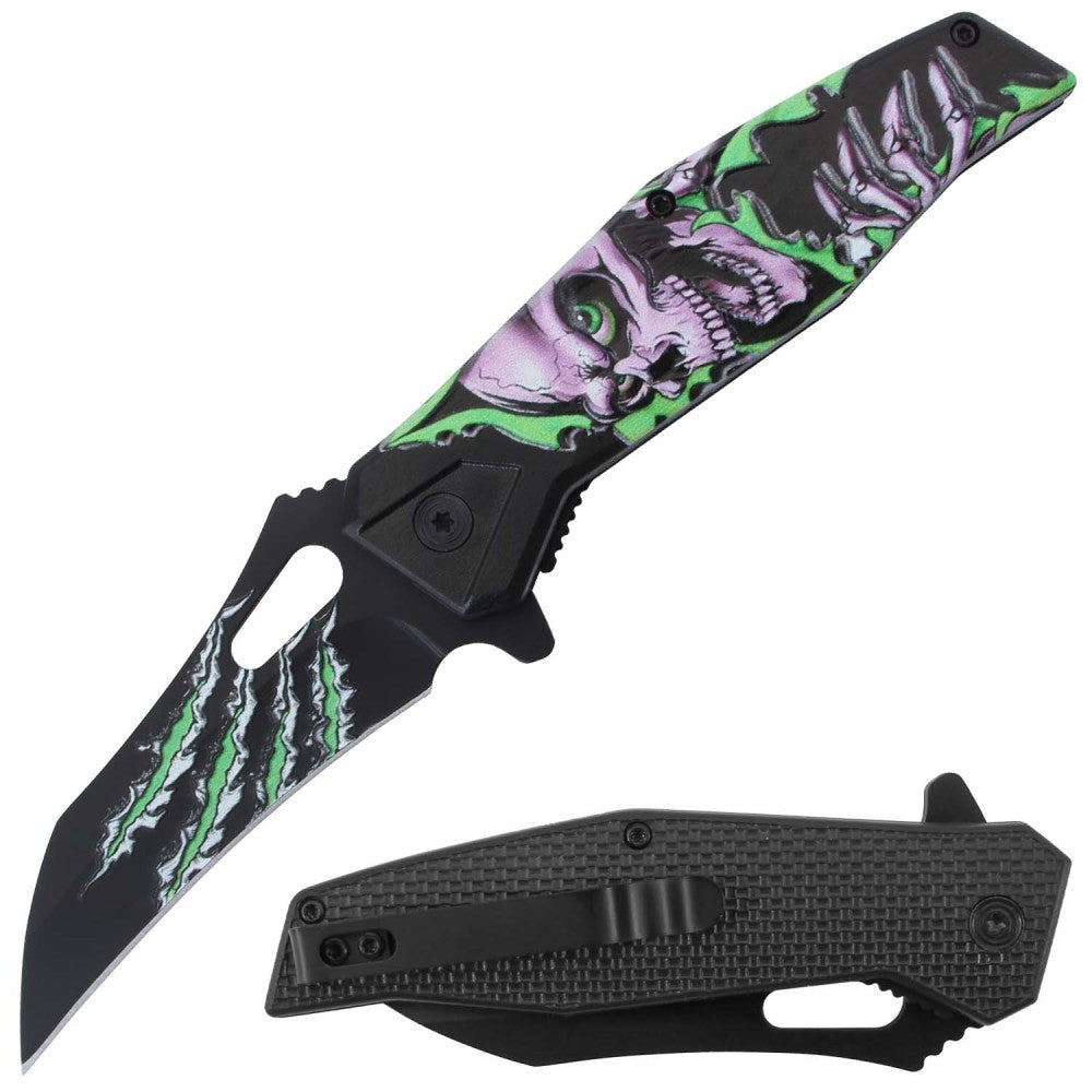 Pink RT 7380-PK 4.5" assist-open skull folding knife with belt clip, spring-assisted tactical knife by Rex Distributor, Inc.