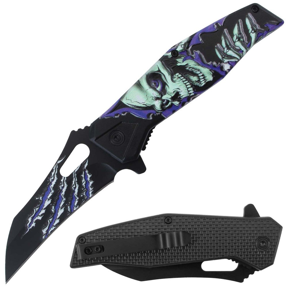 Purple RT 7380-PP 4.5" assist-open 3D print skull folding knife with belt clip, spring-assisted tactical knife by Rex Distributor.