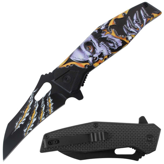 Yellow RT 7380-YL 4.5-inch assist-open 3D print skull folding knife with belt clip, spring-assisted tactical knife by Rex Distributor.