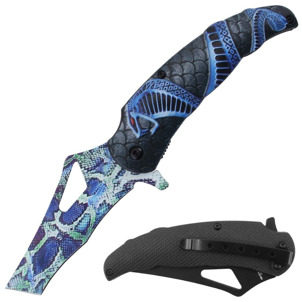 Blue Coba Snake Print folding knife by Rex Distributor, Inc., featuring 4.5-inch blade, spring-assisted open, and belt clip.