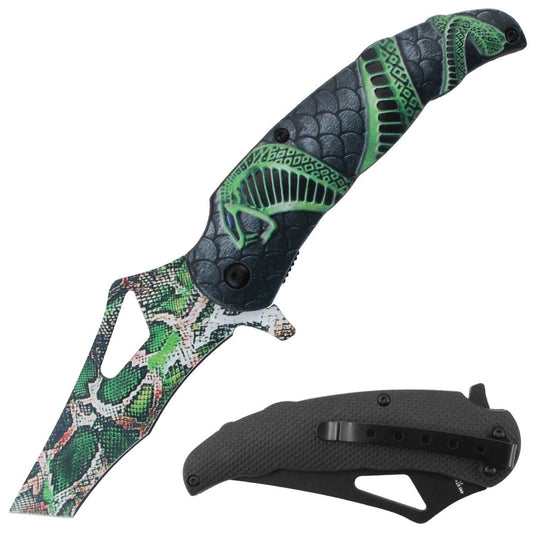 Green Coba Snake Print Rex Distributor RT 7381-GN 4.5" spring assisted tactical folding knife with belt clip.