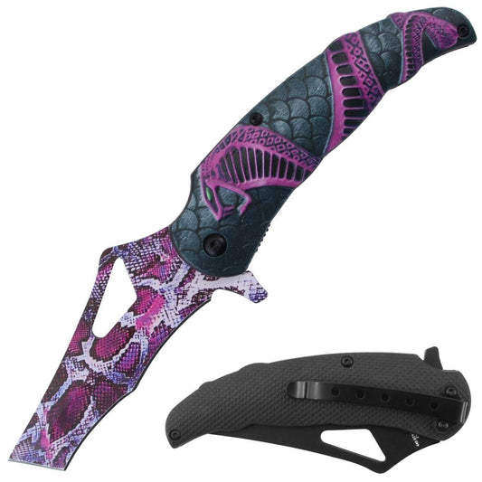 RT 7381-PK 4.5" Pink Coba Snake Print Blade Assist-Open Folding Knife with Belt Clip