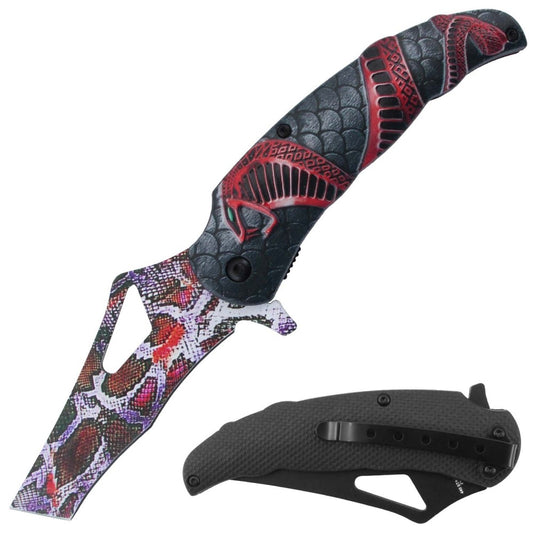 Red Coba Snake Print folding knife with blade assist-open mechanism, belt clip, from Rex Distributor, Inc., tactical spring assisted knife.