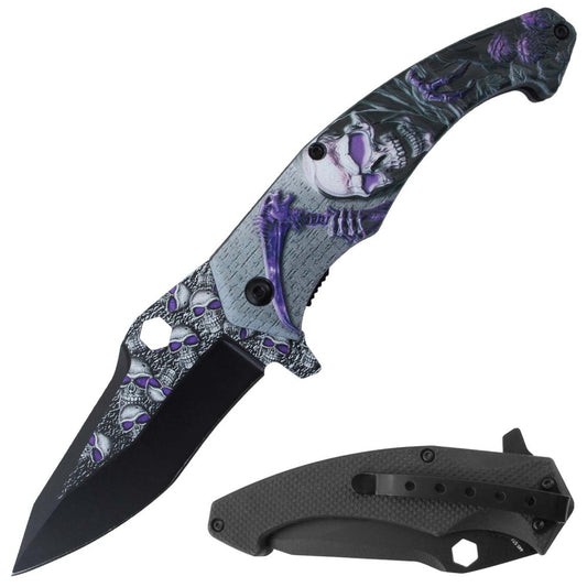 Purple Grim Reaper 3D handle folding tactical knife with assist-open mechanism and belt clip by Rex Distributor, Inc.