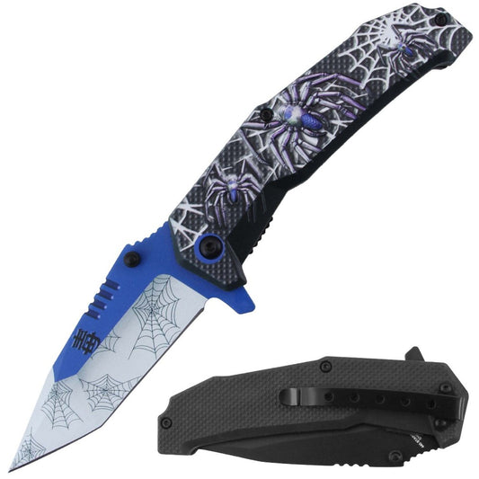 Rex Distributor Inc. RT 7383-BL 4.5-inch blue silver spider design spring-assisted tactical folding knife with belt clip