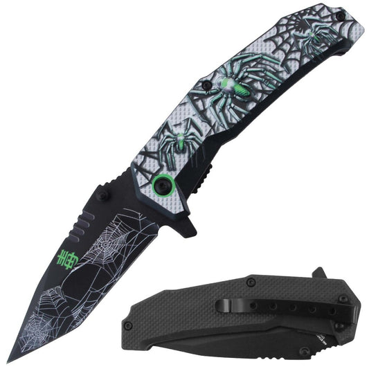 Green silver spider design folding knife with assist-open mechanism and belt clip, Rex RT 7383-GN spring assisted tactical knife.