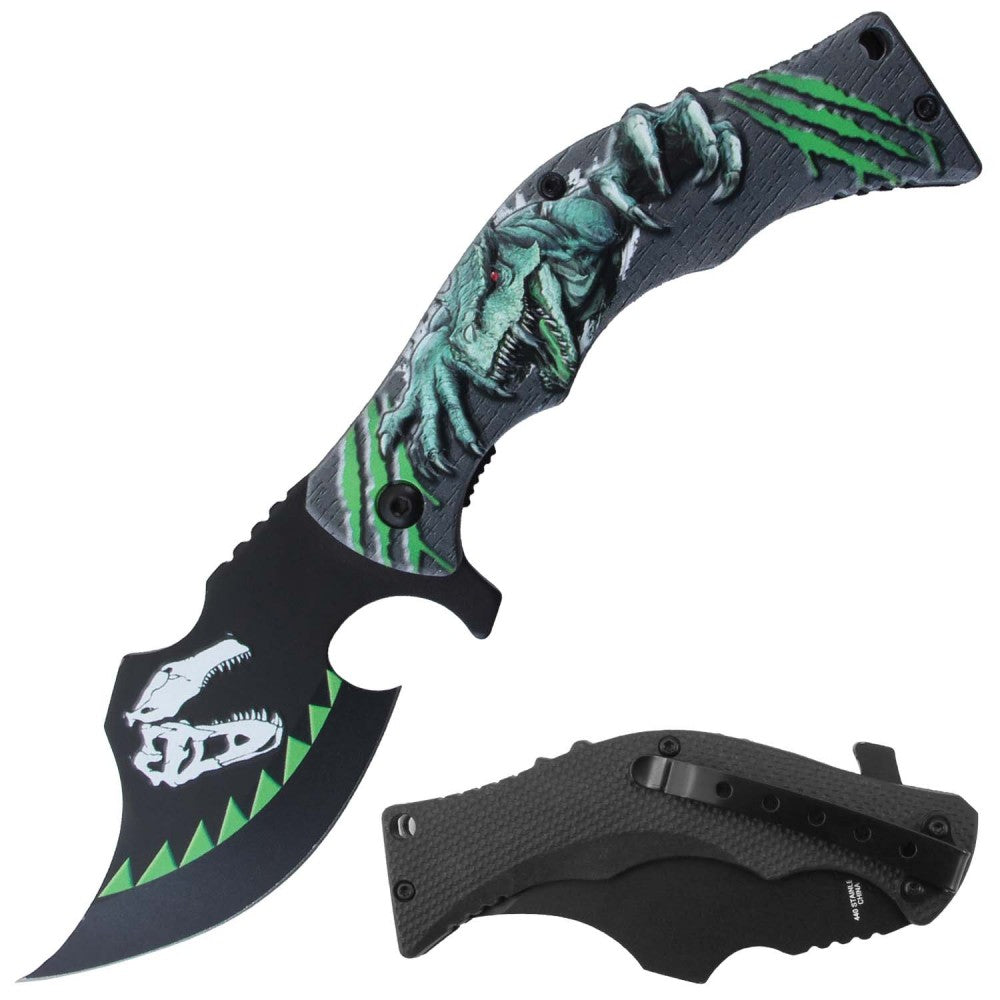 Rex Distributor green dinosaur 4.5-inch spring assisted tactical folding knife with assist-open blade and clip, detailed dinosaur handle design