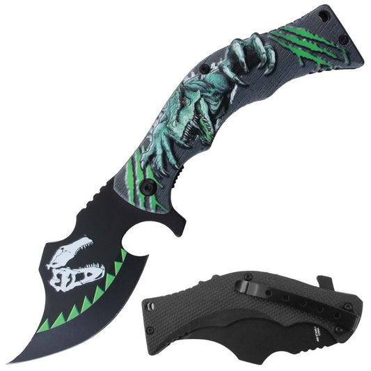 Rex Distributor green dinosaur 4.5-inch spring assisted tactical folding knife with assist-open blade and clip, detailed dinosaur handle design