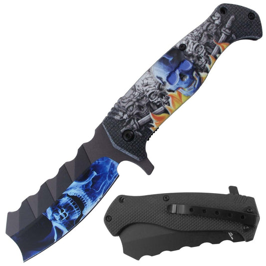 Blue flaming skulls Rex Distributor RT 7385-BL 4.5-inch tactical folding knife with belt clip and assist-open blade.