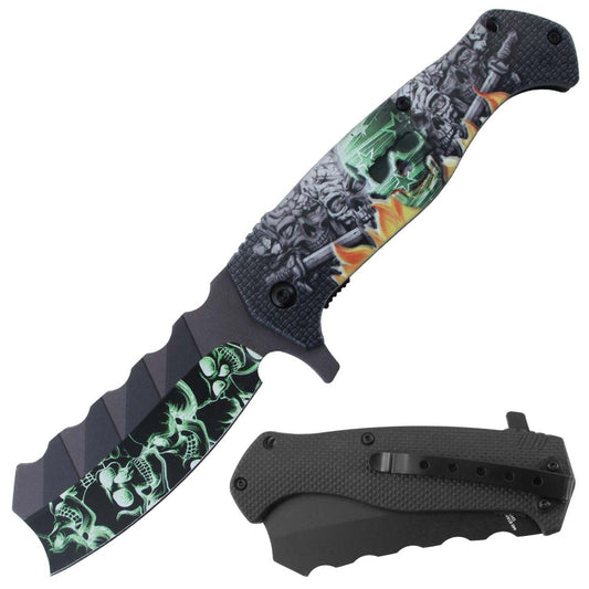 Rex Distributor green flaming skulls tactical folding knife with 4.5-inch blade, assist-open mechanism, and belt clip.
