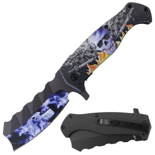 Rex Distributor RT 7385-PP folding tactical knife with purple flaming skulls design, assist-open blade, belt clip, 4.5-inch blade