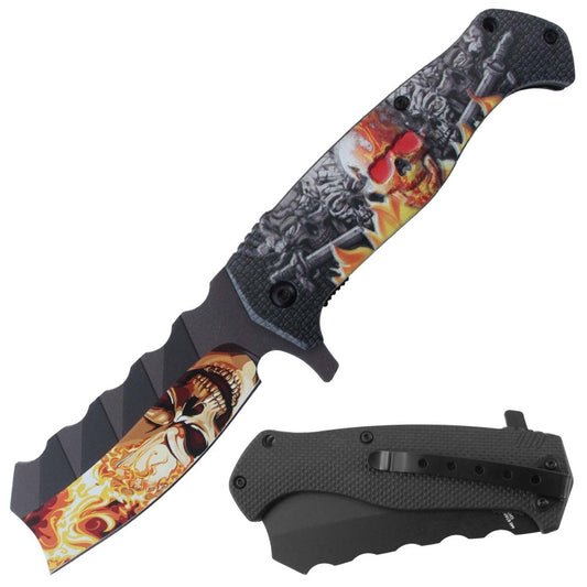 Red flaming skulls design on Rex Distributor tactical folding knife with belt clip, 4.5-inch RT 7385-RD spring-assisted cleaver blade