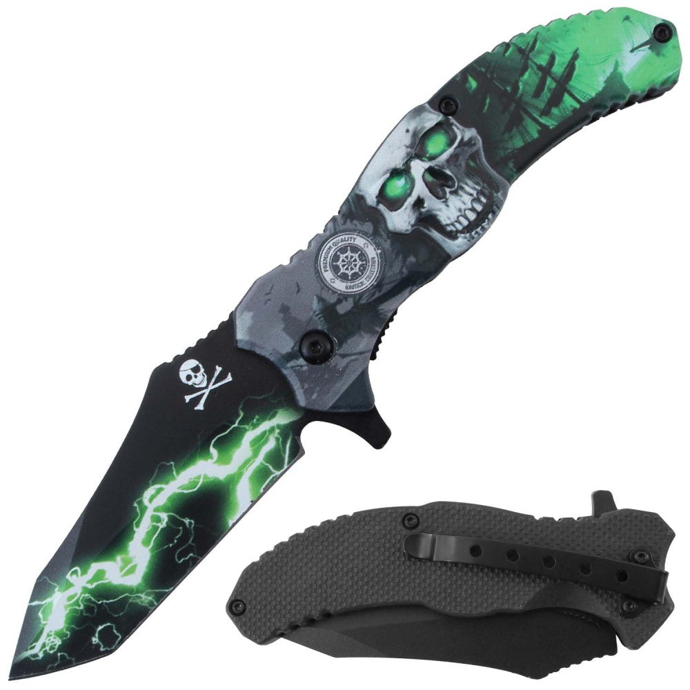 Green Lightning Skull 3D print folding tactical knife with spring assist and belt clip by Rex Distributor.