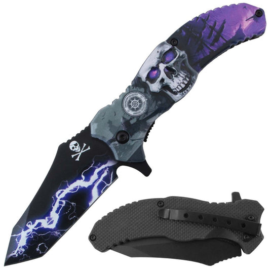 RT 7386-PP 4.5" Purple Lightning Skull 3D Print Assist-Open Folding Knife with Belt Clip