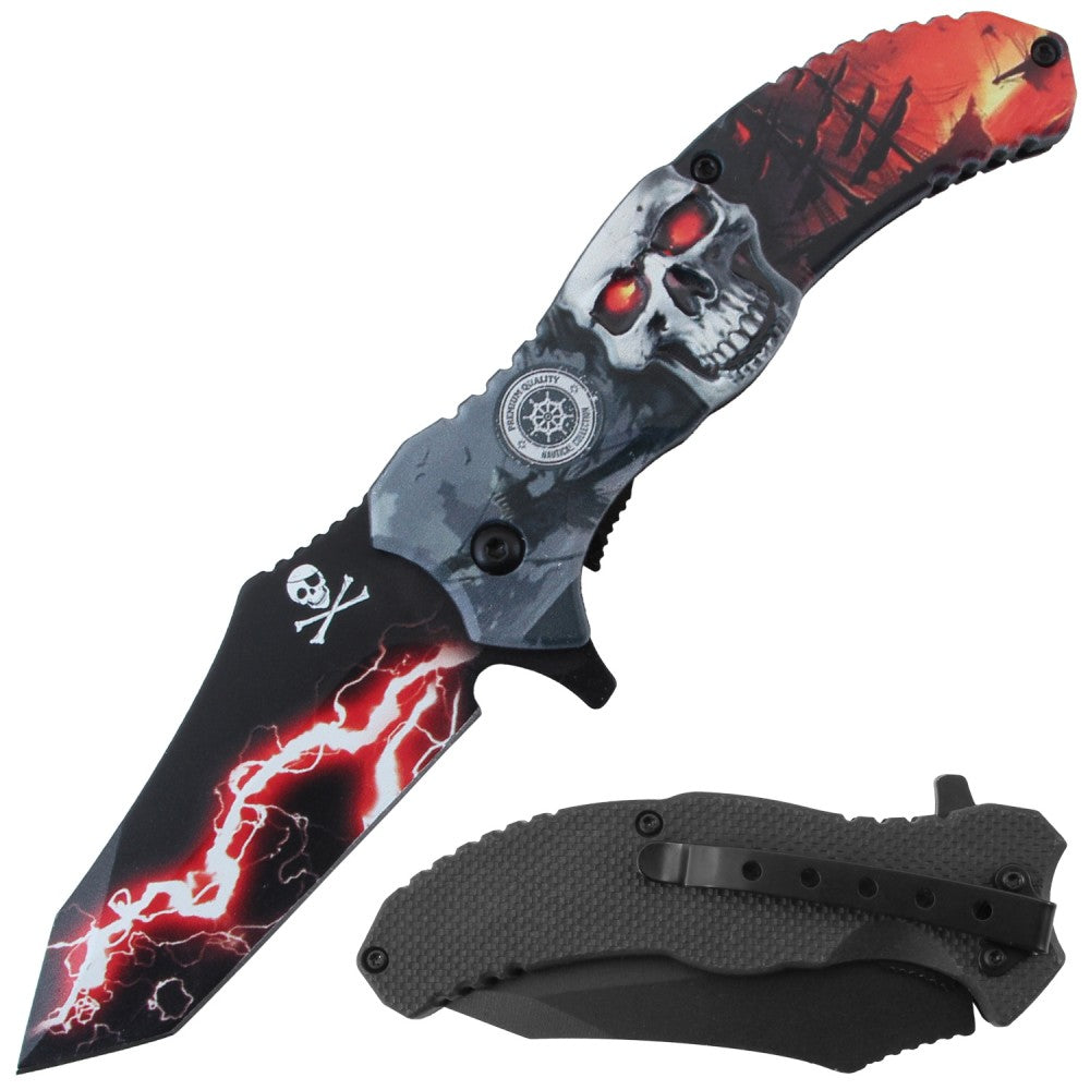 Red Lightning Skull 3D print spring assisted tactical knife by Rex Distributor, Inc., with open folding blade and belt clip.