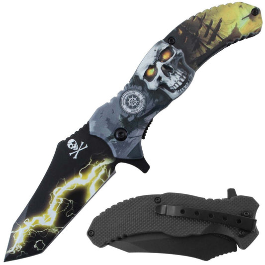 RT 7386-YL 4.5" Yellow Lightning Skull 3D Print Assist-Open Folding Knife with Belt Clip