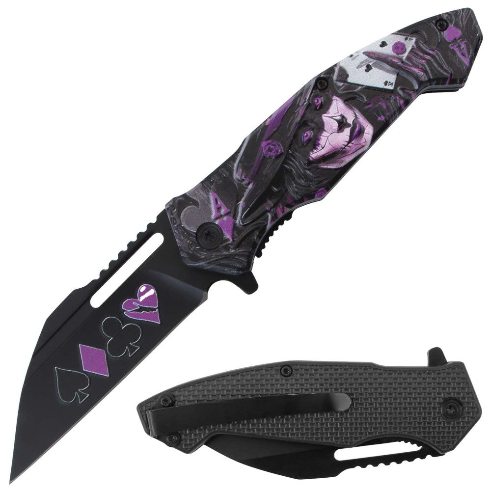 Purple Gambler Design Assist-Open Folding Knife with belt clip, spring assisted tactical knife by Rex Distributor, Inc.