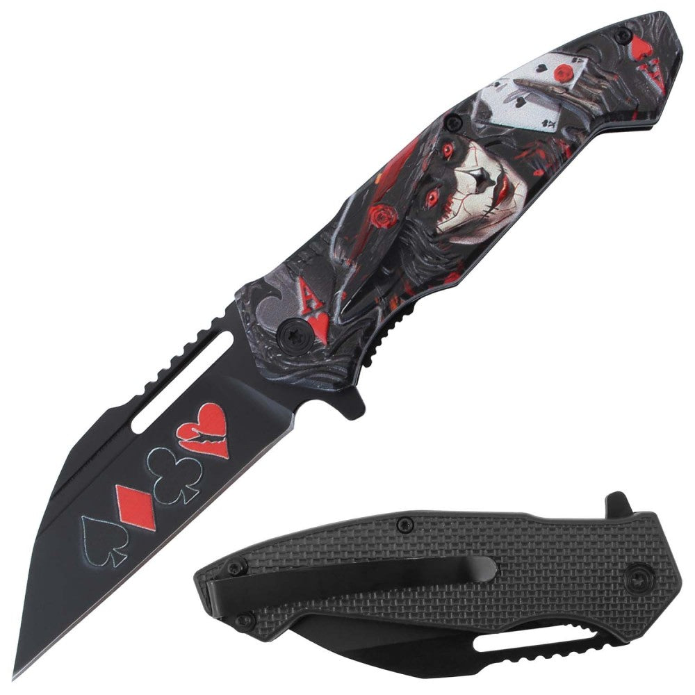 Red Gambler Design Assist Folding Knife with belt clip, spring-assisted tactical knife by Rex Distributor, Inc.