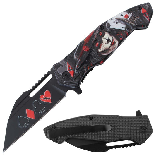Red Gambler Design Assist Folding Knife with belt clip, spring-assisted tactical knife by Rex Distributor, Inc.