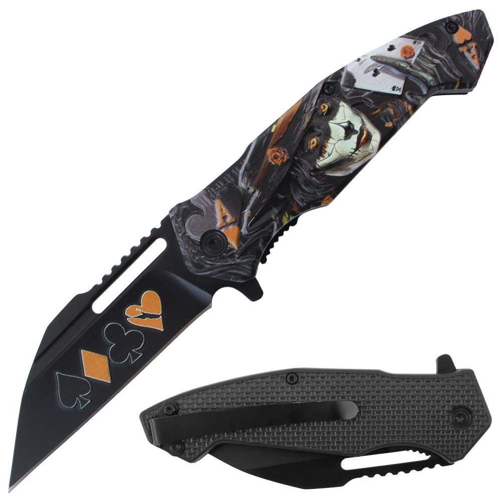 RT 7387-YL 4.5" Yellow Gambler Design Assist-Open Folding Knife with Belt Clip