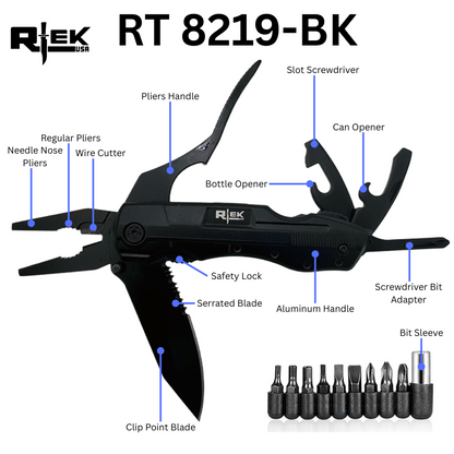 RT 8219-BK Rtek 4.5" Multi Tool Pocket Knife with Pliers Bottle Opener Screwdrivers & Sheath