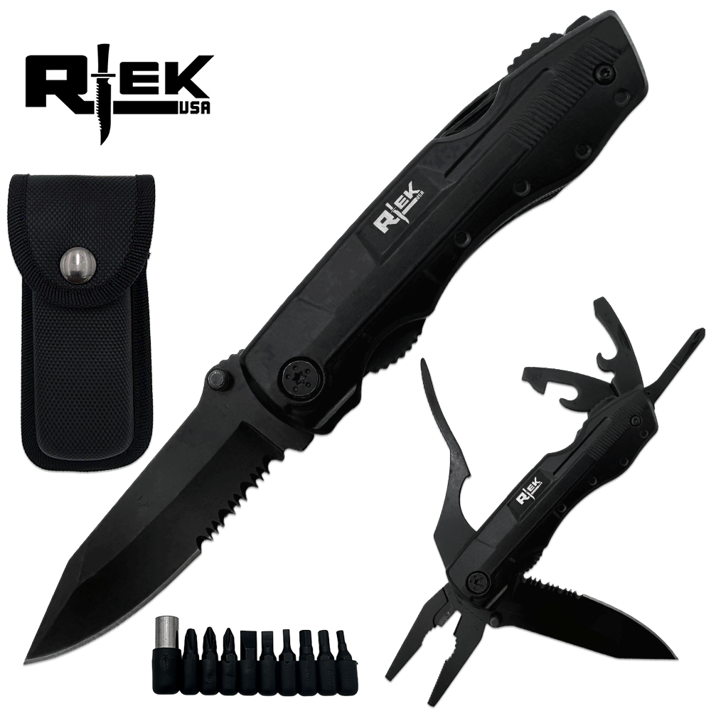 RT 8219-BK Rtek 4.5" Multi Tool Pocket Knife with Pliers Bottle Opener Screwdrivers & Sheath