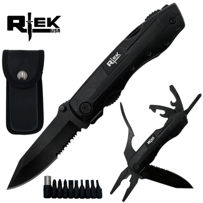 RT 8219-BK Rtek 4.5" Multi Tool Pocket Knife with Pliers Bottle Opener Screwdrivers & Sheath