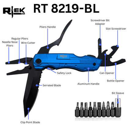 RT 8219-BL Rtek 4.5" Multi Tool Pocket Knife with Pliers Bottle Opener Screwdrivers & Sheath