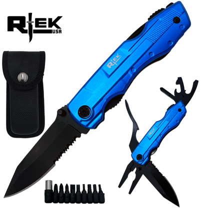 RT 8219-BL Rtek 4.5" Multi Tool Pocket Knife with Pliers Bottle Opener Screwdrivers & Sheath