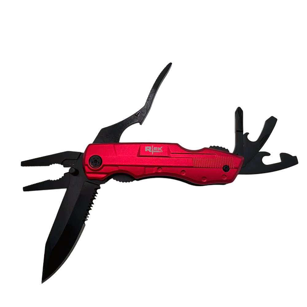 RT 8219-RD Rtek 4.5" Multi Tool Pocket Knife with Pliers Bottle Opener Screwdrivers & Sheath