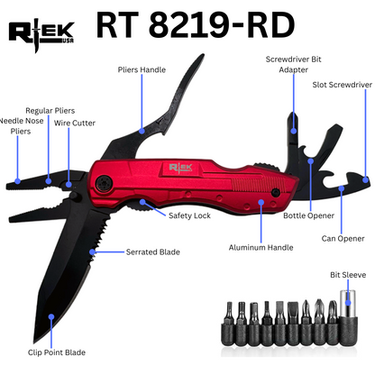 RT 8219-RD Rtek 4.5" Multi Tool Pocket Knife with Pliers Bottle Opener Screwdrivers & Sheath