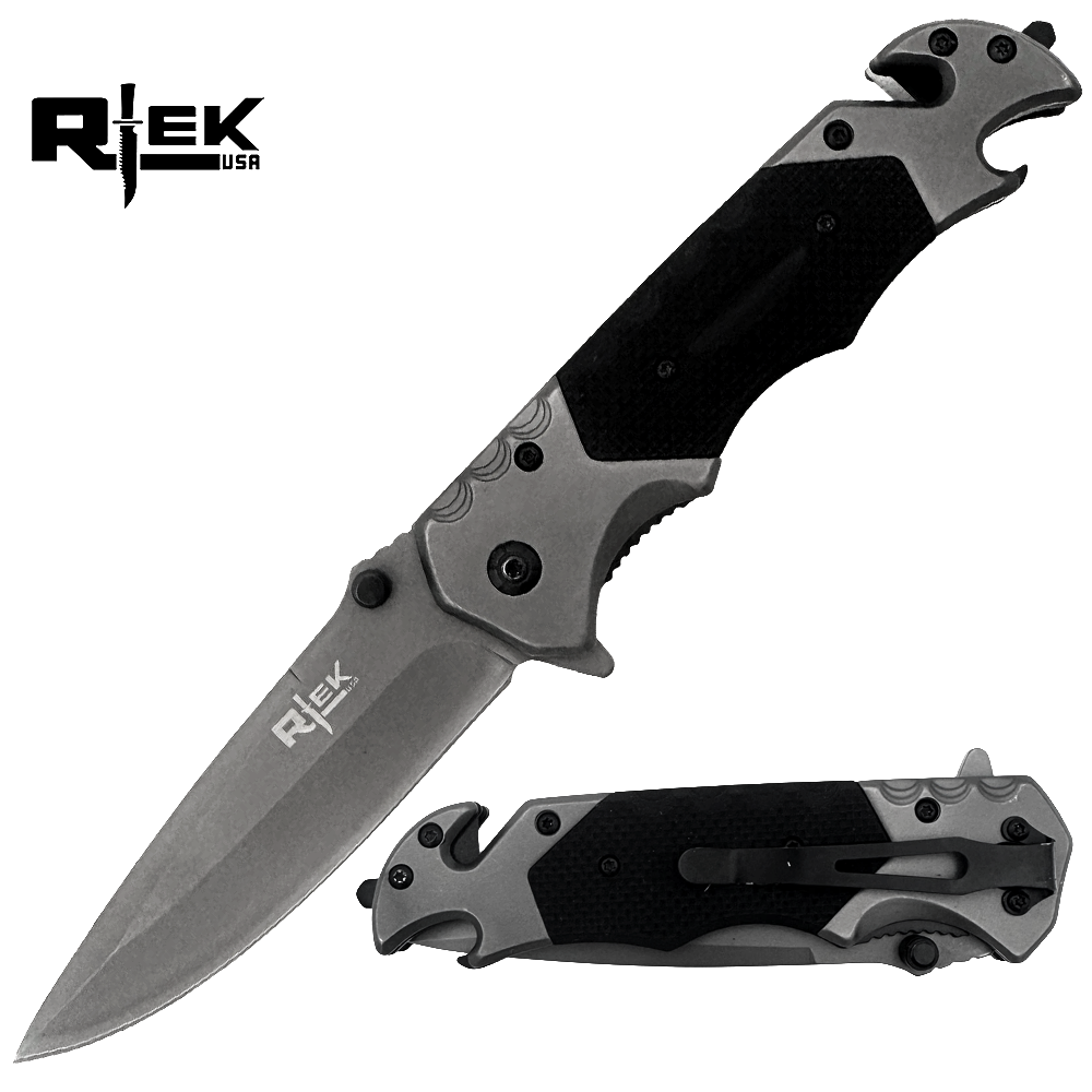 RT 2014-BK 5" Rtek Black G-10 Handle Assist-Open Rescue Folding Knife with Glass Breaker, Belt Cutter, Bottle Opener, & Belt Clip