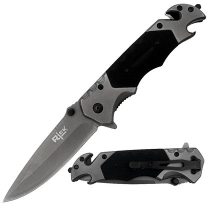 RT 2014-BK 5" Rtek Black G-10 Handle Assist-Open Rescue Folding Knife with Glass Breaker, Belt Cutter, Bottle Opener, & Belt Clip
