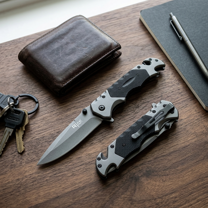 RT 2014-BK 5" Rtek Black G-10 Handle Assist-Open Rescue Folding Knife with Glass Breaker, Belt Cutter, Bottle Opener, & Belt Clip