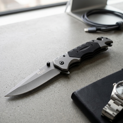 RT 2014-BK 5" Rtek Black G-10 Handle Assist-Open Rescue Folding Knife with Glass Breaker, Belt Cutter, Bottle Opener, & Belt Clip